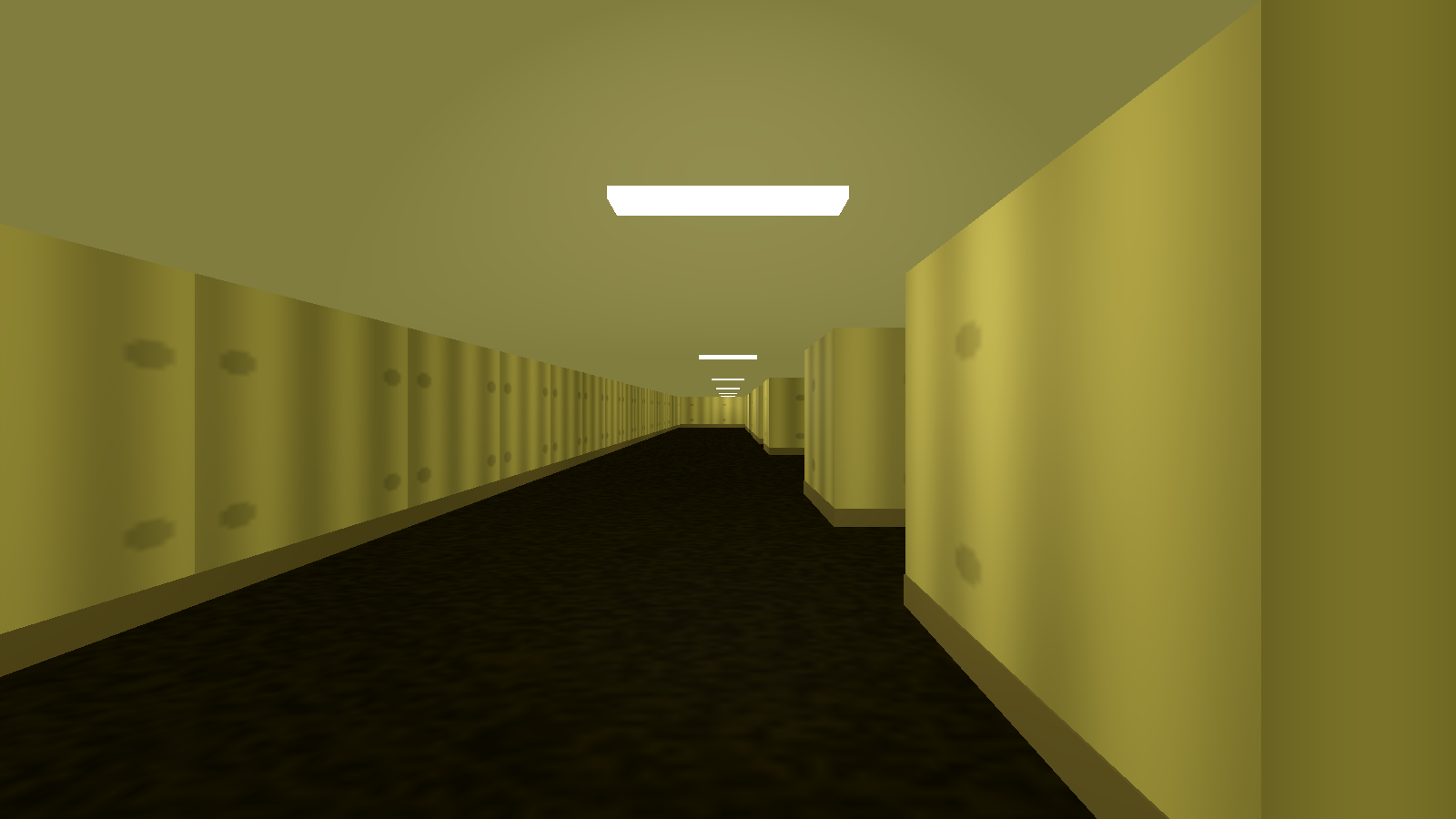 SnakeRooms gameplay: yellow walls, dark carpet, and a long fluorescent-lit hallway.